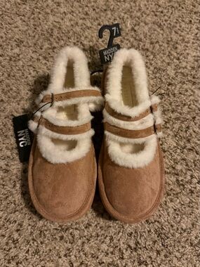 Tan Faux-Shearling Mary Jane Shoes
